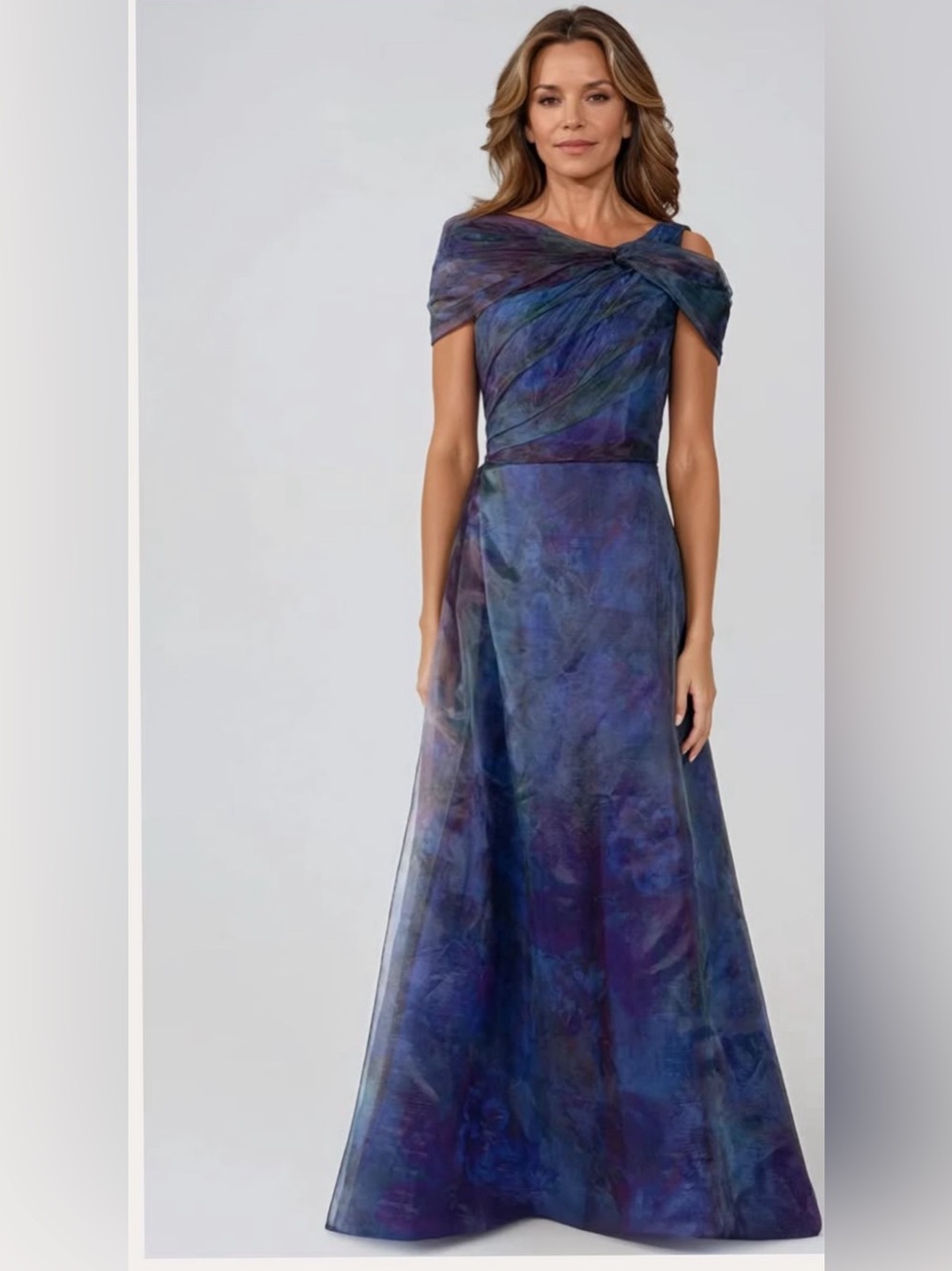Rene Ruiz One-Shoulder Iridescent Navy and Violet Evening Gown